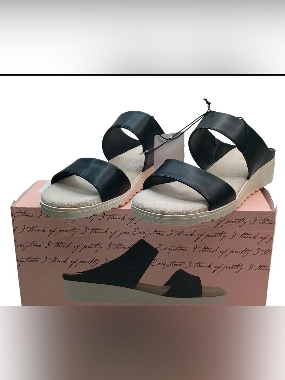 Kensie Endy Comfort Slide Women Black Faux Leather Wedge Sandals Size 6 M